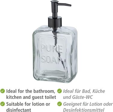 Дозатор для мила WENKO Pure Soap, багаторазовий дозатор для рідкого мила з високоякісного скла, великий дезінфікуючий дозатор для