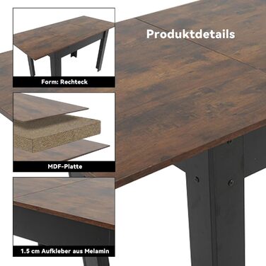 Розсувний обідній стіл ARTETHYS 105/150x70 см, кухонний обідній стіл в індустріальному стилі, прямокутна стільниця для 4-6 осіб, дерев&39яний стіл з металевими ніжками, стіл для їдальні, кухні, вітальні 105-150x70 см
