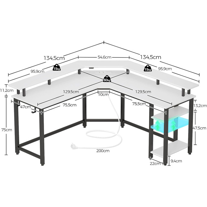 Г-подібний комп&39ютерний стіл Rolanstar з RGB-підсвічуванням та розетками, двосторонній кутовий ігровий стіл з місцем для зберігання та 2 гачками, комп&39ютерний стіл для офісу, кабінету, спальні (білий, 137 см) Білий 137 x 137 x 87 см