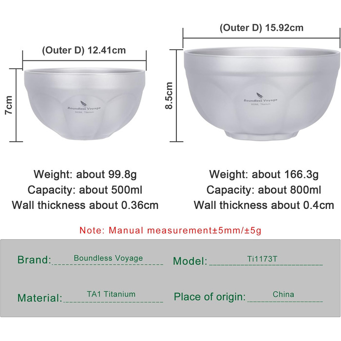 Титанова салатниця з подвійними стінками Boundless Voyage, металева миска для кемпінгу на свіжому повітрі, надлегка портативна миска для вівсянки, рису, супу, йогурту (Ti1173T)