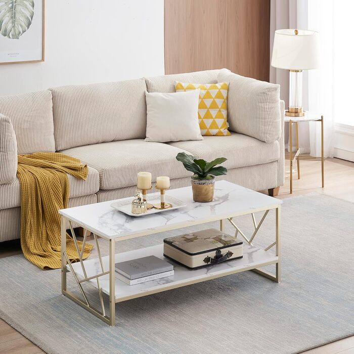 Журнальний столик 110x50 см - Білий стіл для вітальні з місцем для зберігання, столики для дивана з МДФ під мармур, сучасний журнальний столик для вітальні 110 x 50 см білий