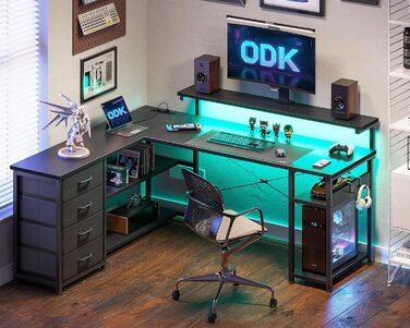 Письмовий стіл ODK з шухлядами, 135110 см, двосторонній кутовий стіл з 2 розетками та 2 портами USB для зарядки, L-подібний офісний стіл зі світлодіодним освітленням для домашнього офісу, чорний 135110 см