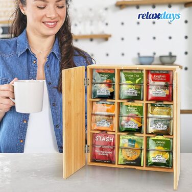 Чайна коробка Relaxdays, 9 відділень, бамбук, ВШХ 31 x 26,5 x 7 см, відділення для чайних пакетиків, кавових капсул, настінна, натуральний/срібний