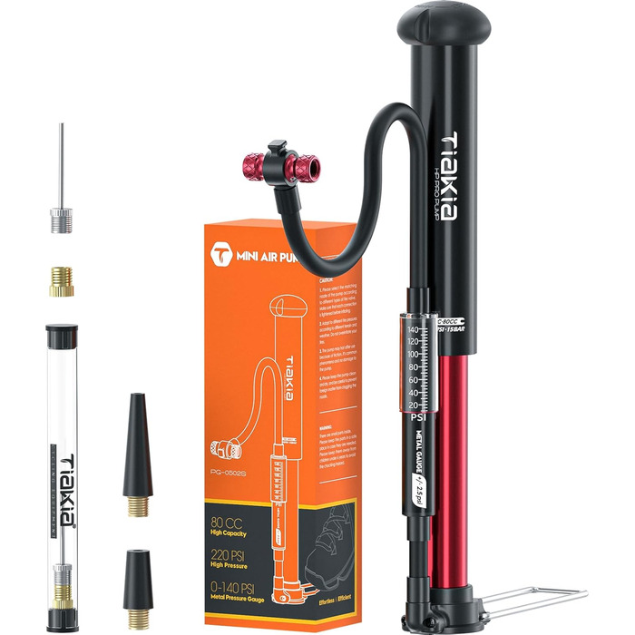Велосипедний насос Tiakia з манометром, маленький велосипедний насос для всіх типів вентилів, алюмінієвий міні-насос для підлоги, портативний насос для шин для вентилів Schrader та Presta, для шосейних та гірських велосипедів, 220 PSI/15 BAR