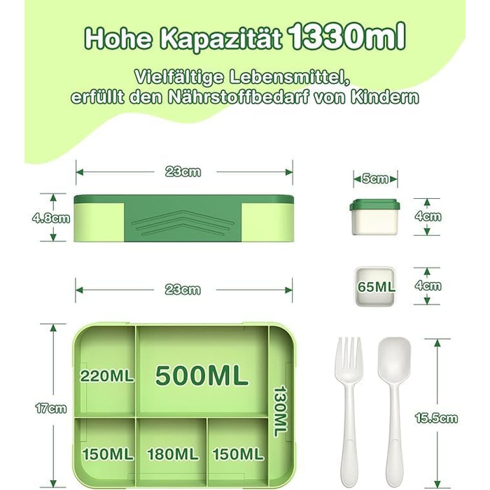 Ланчбокс Kinder Bento з роздільниками 1330 мл, герметичний контейнер для сніданку та перекусу, з 6 відділеннями, для дитячого садка, школи та дорослих, зелений