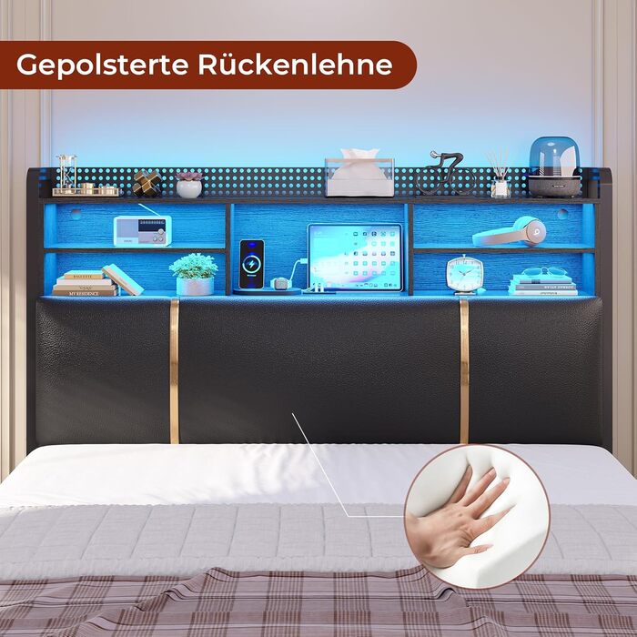 Ліжко 140x200 см, м&39яке ліжко зі світлодіодним підсвічуванням, металевий каркас ліжка, каркас ліжка з 2 шухлядами, узголів&39я з полицею та місцем для зберігання речей, розетка, двоспальне ліжко з рейковою основою, для спальні, PU чорного кольору