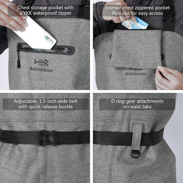 Вейдерси Bassdash 3D Angler&39s, надміцні чорні картаті нейлонові ПВХ рибальські мисливські вейдерси для чоловіків, сірі, XL, довгі 11-12 футів