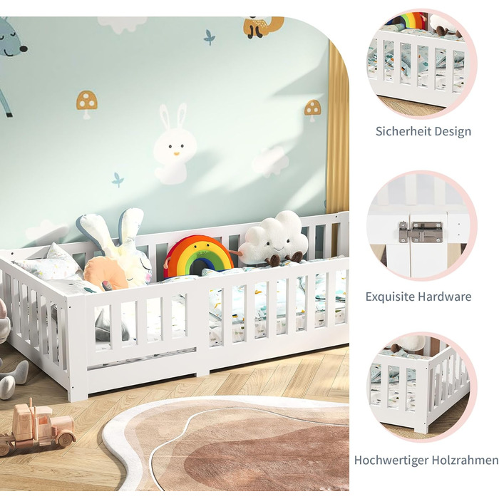 Підлогове ліжко 90x200 см дитяче ліжко із захистом від падіння та рейковою основою, дитяче ліжко Монтессорі, масив сосни, білий (Білий, 90 x 200 см) Білий 90 x 200 см