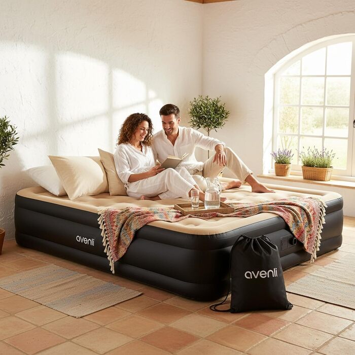 Самонадувальний надувний матрац/ліжко AVENLI для 2 осіб, 203x157x47 см, надувне гостьове ліжко з вбудованим насосом, надзвичайно висока спальна поверхня, флокована поверхня для кемпінгу та дому