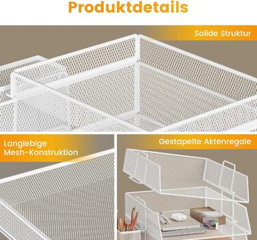 Штабельований лоток для листів, настільний органайзер з 4 тримачами для файлів та 1 тримачем для ручок, для документів A4, металевий офісний органайзер, настільний лоток для офісного документообігу, поштові лотки (білий)