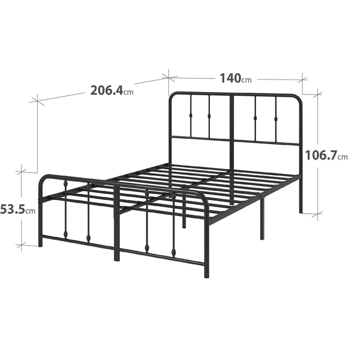 Ліжко Zinus Florence 140x200 см з вінтажним узголів&39ям - Металеве ліжко 140x200 з металевою рейковою основою - Платформа заввишки 35 см з простором під нею - Пружинний матрац не потрібен - Чорний, вінтажний індустріальний стиль 140x200 см Чорний