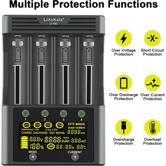 Швидкий зарядний пристрій Liitokala Lii-600 з РК-дисплеєм та сенсорним керуванням, 4-слотовий швидкий зарядний пристрій для акумуляторів 18650 з адаптером 12V 5A для Li-Ion/Ni-MH/Ni-Cd 14500 21700 AA AAA тощо.