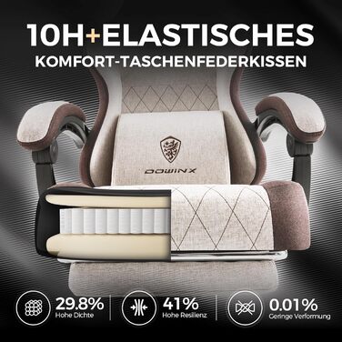 Тканина ігрового крісла Dowinx з пружинною подушкою, масажне офісне крісло з поперековою опорою та підставкою для ніг для дорослих, ергономічне ігрове крісло великого та високого розміру для офісних ігор 135 кг, коричневе