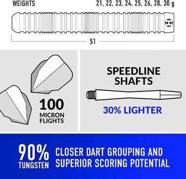 Набір дротиків Harrows Caliber з 90 вольфрамової сталі Вага від 21 г до 30 г, доступні всі ваги Великий комплект із 16 предметів із запасними стрілами, головними льотками та дорожнім футляром 24 грами