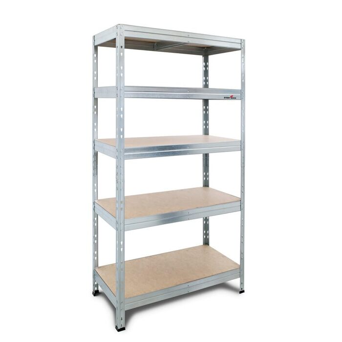 Міцний стелаж Steinbock - ВxШxГ 180 x 90 x 45 см - оцинкований - вантажопідйомність 1250 кг - безболтовий стелаж з 5 полицями - навантаження на полицю 250 кг - виготовлено в ЄС - стелаж для майстерні з оцинкованої сталі - міцний металевий стелаж типу S - 