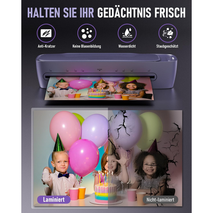 Ламінатор A3 з 30 ламінувальними пакетами, гарячий та холодний ламінатор для паперів A3, A4, A5 та A6, ламінатор 9-в-1 з різаком для паперу та закруглювачем кутів, ламінатор для школи, дому, офісу та файлів (фіолетовий)