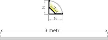 М 1616B алюмінієвий кутовий профіль, білий, 16 x 16 мм, для жорсткої світлодіодної стрічки, смуга, 3 м, 3 м кришка (3 м, 1616 молочно-білий), 1 шт., 3