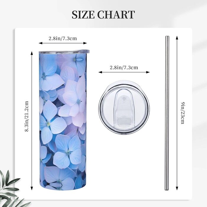 Кухоль з прямою трубочкою, принт гортензії, дорожній кухоль, підходить для кемпінгу, офісу та дому, 590 мл