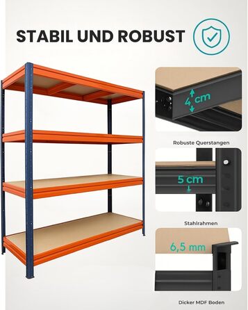 Потужний стелаж KARAT XXL, синьо-помаранчевий 200 x 180 x 60 см, стелажі для гаража, підвалу та майстерні - безболтові стелажі, широкопрохідні стелажі, підвальні стелажі, стелажі для майстерні (TitanRack Big)