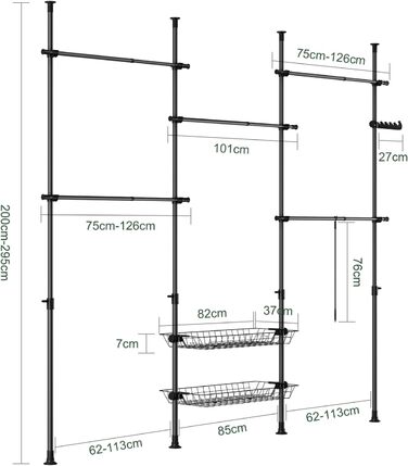 Телескопічна вішалка для одягу SoBuy, міцна вішалка для одягу, регульована відкрита шафа з кошиками для зберігання для спальні, вішалка для одягу, чорна KLS04-II-SCH