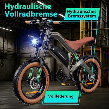 Чоловічий електровелосипед, 20 x 4.0-дюймові всесезонні широкі шини, електричний велосипед з двигуном 250 Вт, акумулятор 48 В 18.2 Аг, 25 км/год, запас ходу до 161 км, картка NFC, 7-ступінчаста коробка передач, гідравлічні гальма, M20