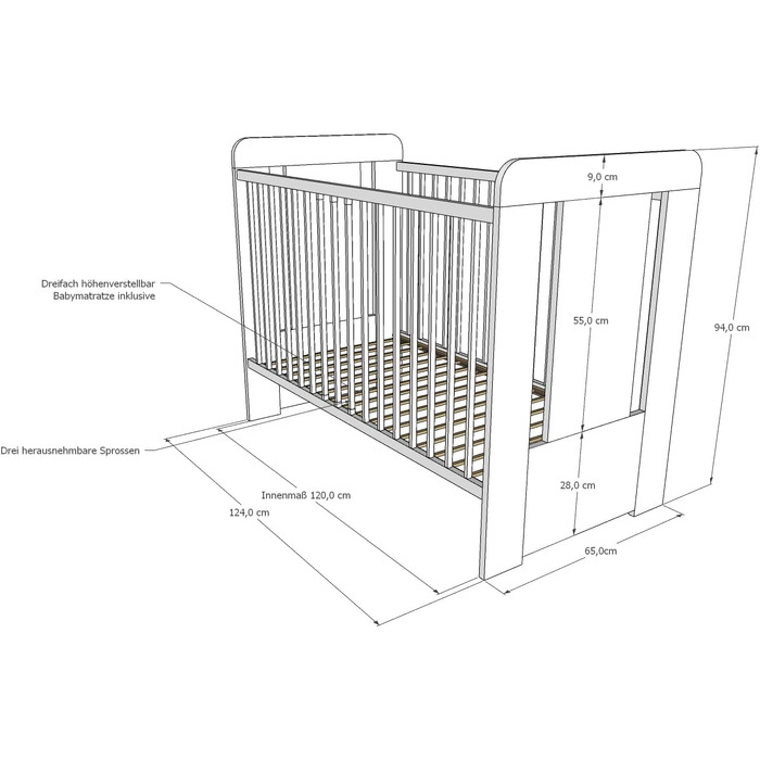 Дитяче ліжечко Kids Collective з матрацом та гравіюванням &quotМаленький принц&quot 60x120, регульована висота Знімні прути, білий колір для хлопчика, зроблено в Європі Від народження до 3 років, 60 x 120 см синій матрац