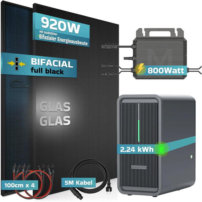Балконна електростанція SUNNIVA 920 Вт з накопичувачем 2,24 кВтгод Marstek B2500-D, двофазна розетка FULLBLACK, комплект фотоелектричної сонячної системи з накопичувачем сонячної енергії, 2 двосторонні модулі скло-скляні N-типу потужністю 460 Вт 920/800 В