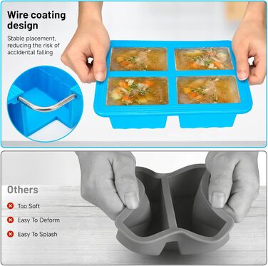 Контейнери для заморожування супів, 2 шт., силіконові кубики для супу з кришками, морозильна камера без бісфенолу А, лоток для кубиків льоду в морозильній камері для бульйону, соусу та льоду (синій)