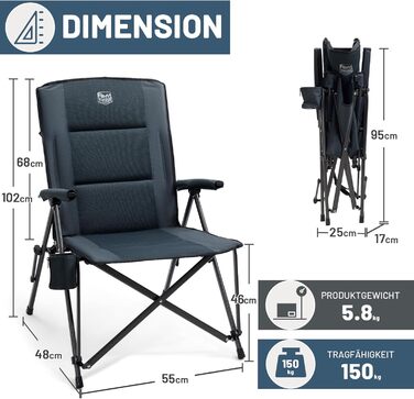 Складаний кемпінговий стілець TIMBER RIDGE, широке сидіння 55 см XXL, м&39який, висока спинка, вантажопідйомність 150 кг, з бічною кишенею, підходить для кемпінгу, саду, балкону, , сірий