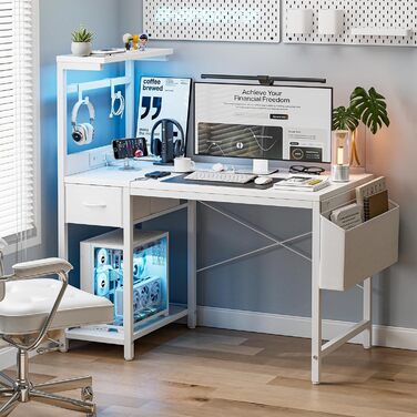 Ігровий стіл Grandder, ігровий стіл 120x50 см з розеткою та світлодіодним освітленням, комп&39ютерний стіл з двосторонніми полицями та шухлядою, ПК-стіл для домашнього офісу з відділенням для зберігання, білий