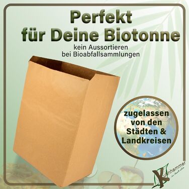 Органічні мішки для сміття Kuhhammer 10 літрів, 50 шт. органічні мішки для сміття без пластику, мішки для сміття для органічних відходів, стійкі до вологи та розривів, органічні мішки для сміття, папір, органічні мішки для сміття