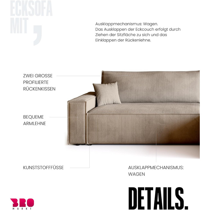 Диван з функцією сну, Диван з вельветової тканини, Короб для ліжка, Розкладний диван для вітальні, Кутовий диван, Окремостоячий, Adi XL Relax Sofa, 3-місний, 272x143x85 см, Бежевий, Дуже великий