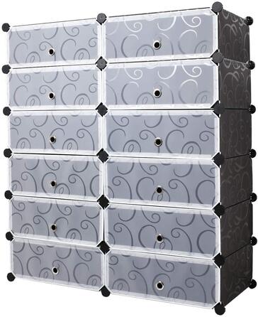 Взуттєва полиця Mondeer, 12 відділень, пластикове відділення для зберігання взуття, модульна пластикова полиця, взуттєва шафа для взуття, сумок та інструментів, з дверцятами, 91 * 36 * 105 см, чорна з друкованим декором