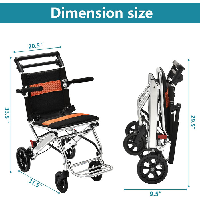 Надлегка транспортна інвалідна коляска - Розбірна портативна інвалідна коляска з ручним гальмом - Візки для літніх людей Air Travel/Orange/Z20