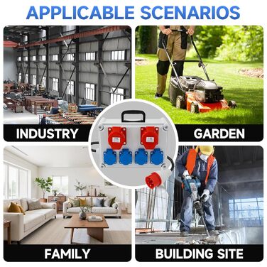 Розподільна коробка для будівельного майданчика, комплект розподільчої коробки 16A, BKV 2/4, водонепроникний розподільник живлення IP44/IP54 з розеткою та ручкою для перенесення, кабель 2 м, для використання всередині та зовні приміщень, 6 портів (з двома