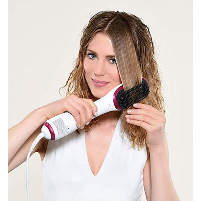 Стайлер для волосся 2-в-1 Rowenta CF6220 Wonder Air Brush фен-щітка та вирівнювач, 900 Вт, іонізація, з чохлом для зберігання, білий/рожевий