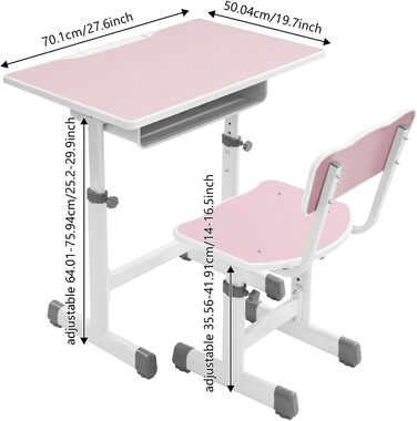 Дитячий письмовий набір, дитячий стіл з регульованою висотою (стіл 64-76 см, стілець 36-42 см), стіл з гачками, шухлядою та лотком для ручок для дітей віком 3-18 років, навчання письму та малюванню (рожевий, білий)