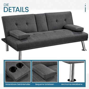 Розкладний диван Yaheetech для макс. 3 осіб, гостьове ліжко, диван, диван з функцією сну, кушетка, диван-ліжко, розкладний диван, диван-ліжко, м&39який диван, вантажопідйомність до 350 кг, темно-сірий, поліестер, темно-сірий