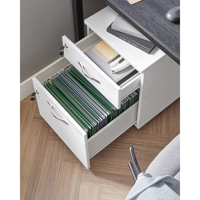 Мобільна шафа для документів VASAGLE із замком, 2 шухлядами, 5 коліщатками, регульованими підвісними рейками, для підвісних файлів формату A4 та Letter, хмарно-білий LCD22WV1