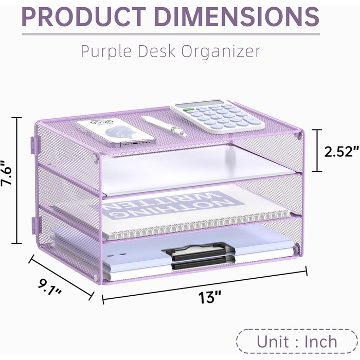 Лоток для листів DALTACK з 3 ярусами, органайзер для паперу, сітчастий металевий, настільний органайзер для дому та офісу, світло-фіолетовий світло-фіолетовий