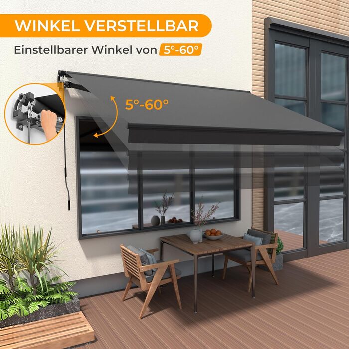 Складана тентована маркіза з ручним керуванням, 300x250 см, антрацит, сонцезахисна тентована маркіза, тентована для патіо, регулювання кута нахилу (5-60), балконна тентована маркіза з водонепроникним покриттям, настінне кріплення в комплекті, 300x250 см а