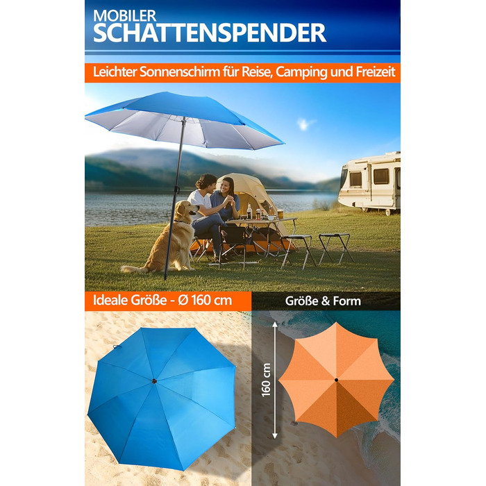 Пляжна парасолька Menz Ø 160 см - Функціональна дорожня парасолька UPF 50 для валіз - Практична, маленька складна пляжна парасолька, компактна пляжна парасолька, що поміщається у валізу, синя