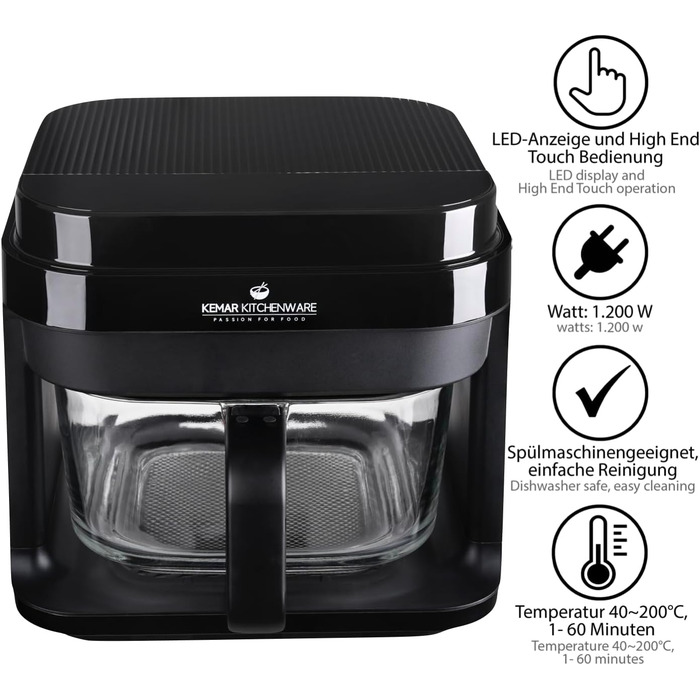Фритюрниця KHF-550, 5,5 літрів, 1 200 Вт, сенсорний дисплей, скляний кошик для смаження без покриття, фритюрниця з щипцями та силіконовою підставкою (стандартна версія KHF-550)