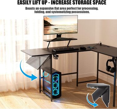 Ігровий стіл із розумним світлодіодним освітленням, L-подібний стіл із подовжувачем для домашнього офісу, кутовий стіл 120-150 см з розеткою, сумка для зберігання, підставка для монітора, чорний