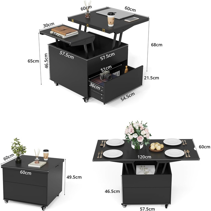 Журнальний столик VOWNER з регульованою висотою, багатофункціональний журнальний столик 3-в-1, який можна перетворити на стіл для вітальні/обідньої кімнати, журнальний столик із прихованим місцем для зберігання, 120Д x 60Ш x 68В см (чорний)