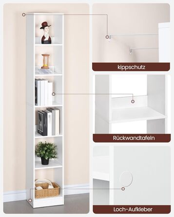 Книжкова полиця Hzuaneri, 6-ярусна книжкова шафа, кубічна полиця, сучасна відкрита дерев&39яна полиця, полиці для зберігання та демонстрації для вітальні, домашнього офісу, спальні, біла BC09603 шт. Білий 24 x 30 x 183 см