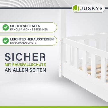 Дитяче ліжко Juskys Marli 80 x 160 см із захистом від падіння, рейковою основою та дахом - Ліжко-будиночок з масиву дерева для дітей - Ліжко білого кольору