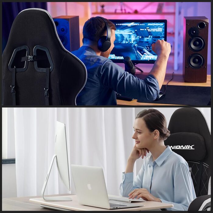 Ігрове крісло, гоночне ігрове крісло з підставкою для ніг, ергономічне ігрове крісло з підголівником, регульоване комп&39ютерне крісло, регульована висота, поперекова підтримка для домашнього офісу та ігор, чорний/сірий Nk-bg