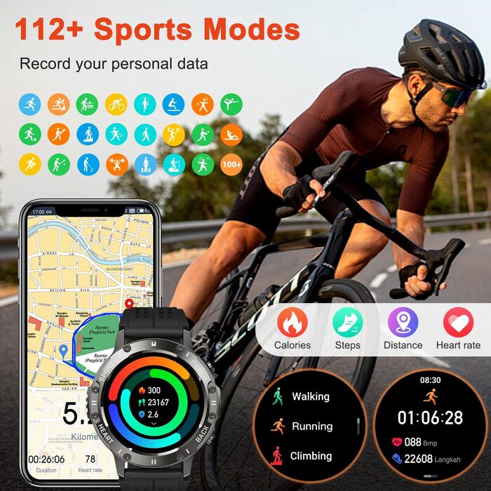 Військовий смарт-годинник для чоловіків з функцією телефону водонепроникний наручний годинник, фітнес-трекер, Bluetooth-дзвінки, смарт-годинник з монітором серцевого ритму, сну, спортивний годинник, крокомір, годинник для Android, iOS, чорний