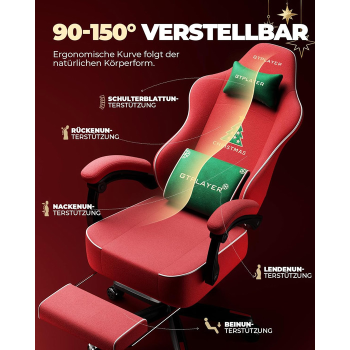 Ігрове крісло GTPLAYER з різдвяним мотивом, ігрове крісло з підставкою для ніг, надзвичайно широке сидіння, з пір&39яною подушкою, вантажопідйомність 150 кг для великих та сильних людей Оксамит